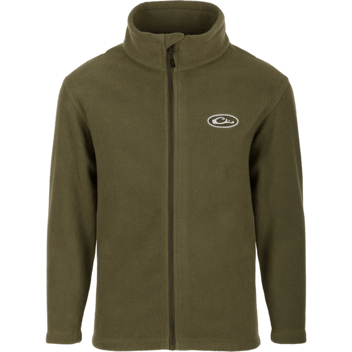 Load image into Gallery viewer, Drake Youth Camp Fleece Full Zip in the color Kalamata Olive with the Drake logo on the left chest.
