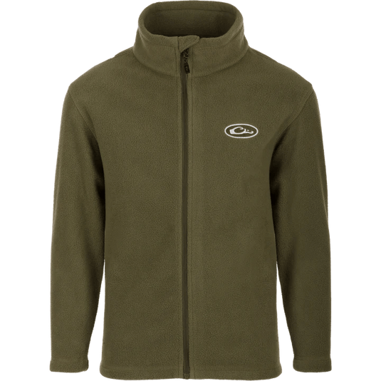Drake Youth Camp Fleece Full Zip in the color Kalamata Olive with the Drake logo on the left chest.