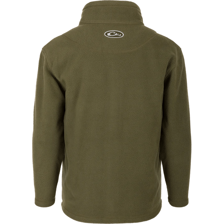 Load image into Gallery viewer, Drake Youth Camp Fleece Full Zip in Kalamata Olive with the Drake logo on the back center
