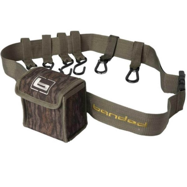 Load image into Gallery viewer, A Banded Timber Shell Belt with a camouflage ammo pouch and several attachment points, designed for easy access and organization during hunting.
