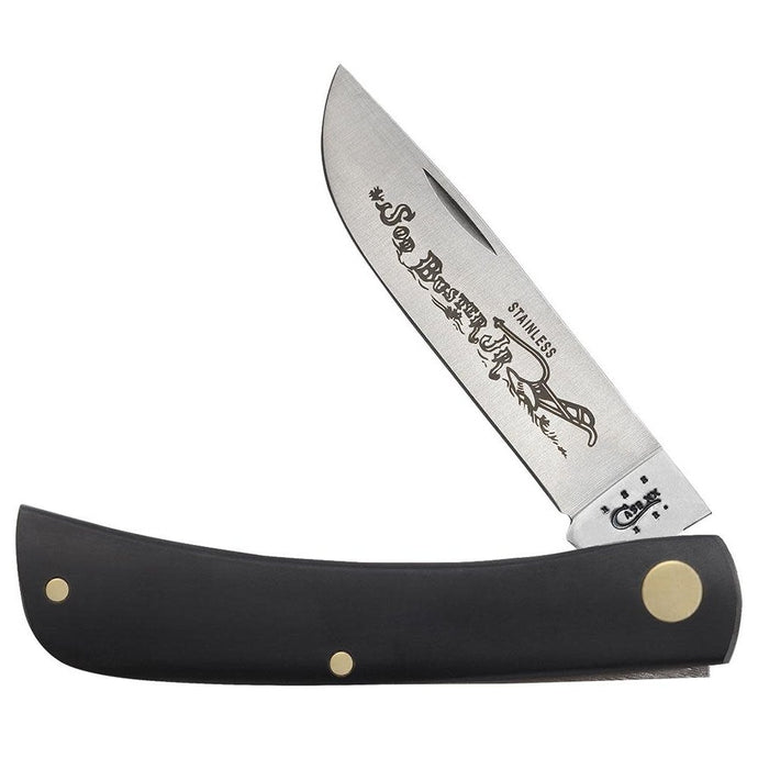 Case Jet-Black Synthetic Sod Buster Jr Knife with a Sod Buster Jr logo on the blade. The blade is in the partial open position.