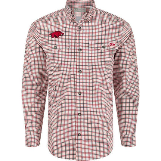 Drake Arkansas Frat Tattersall Shirt Long Sleeve featuring the Arkansas Razorbacks logo and the Drake logo. 