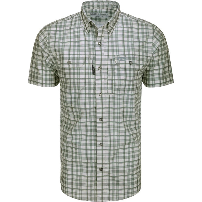 Drake Hunter Creek Window Pane Plaid Shirt S/S in the color Kalamata Olive.