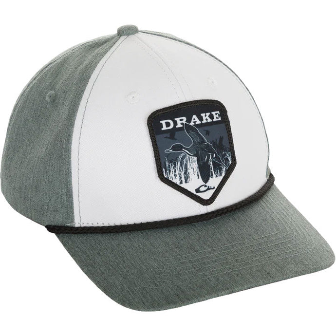 Image of white and gray hat with Drake logo.