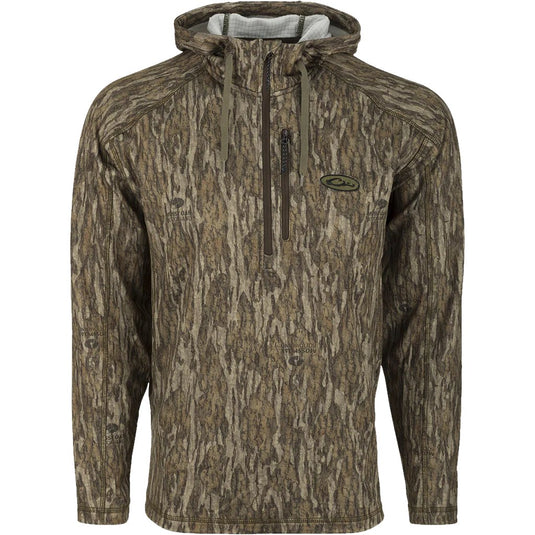 Drake MST Breathelite 1/4-Zip Camo Hooded Base Layer in the color bottomland camo. There is a Drake logo on the upper left breast.