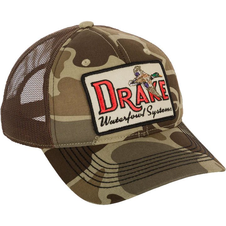 Load image into Gallery viewer, Drake Square Patch Foam Front Ball Cap in the color Old School Timber with a Drake Waterfowl Systems logo including a duck.
