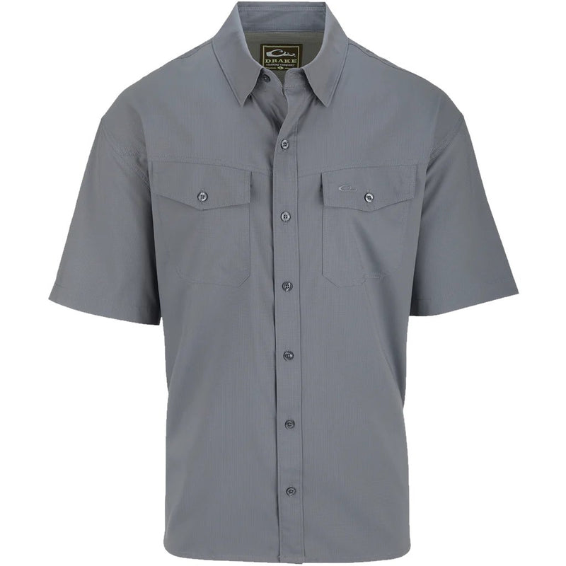 Load image into Gallery viewer, Drake Travelers Solid Dobby Short Sleeve Shirt in the color Monument Grey.
