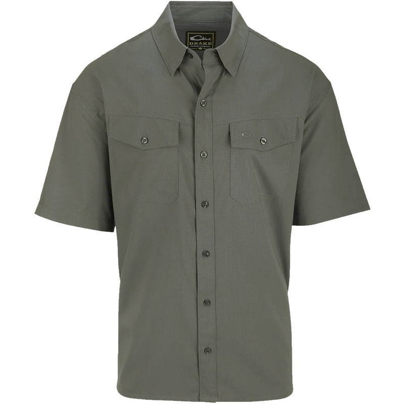 Load image into Gallery viewer, Drake Travelers Solid Dobby Short Sleeve Shirt in the color Kalamata Olive.
