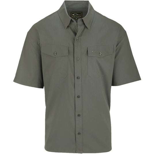 Drake Travelers Solid Dobby Short Sleeve Shirt in the color Kalamata Olive.