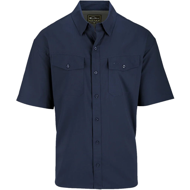 Load image into Gallery viewer, Drake Travelers Solid Dobby Short Sleeve Shirt in the color Blue Depths Navy.
