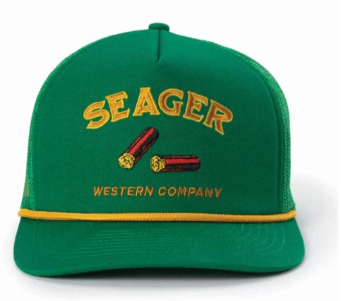 A Seager Branded Snapback cap featuring a green front with 