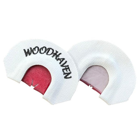 WoodHaven Mini Red Wasp Turkey Call with a white outside and red inside with the WoodHaven logo